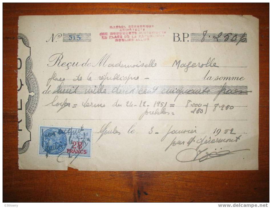 RECU-LOYER MOULINS-Mr GENERMONT-TIMBRE FISCAL 28 Francs- - Autres & Non Classés