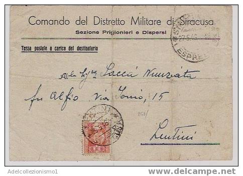 653)cartolina Tassa A Carico Con 1£ Segnatasse Con Fasci Isolato Da Siracusa A Lentini Il  27-5-1947 - Poststempel