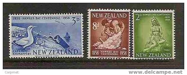 FAUNA - NEW ZEALAND HAWKES BAY CENTENNIAL  1958 SET -Yvert # 371/3 - MINT (NH) - Birds - Sheeps - Ethnic "PANIA" - Pelikane
