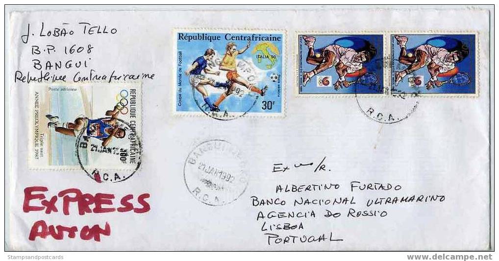 Repubique Centre Africaine Lettre Ayant Voyagé 1992 Timbres Tennis Football Central Africa Cover Soccer - Tennis