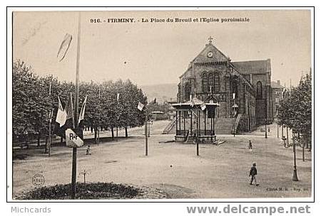 CPA 42 FIRMINY - La Place Du Breuil Et L Eglise Paroissiale (Kiosque) - Firminy