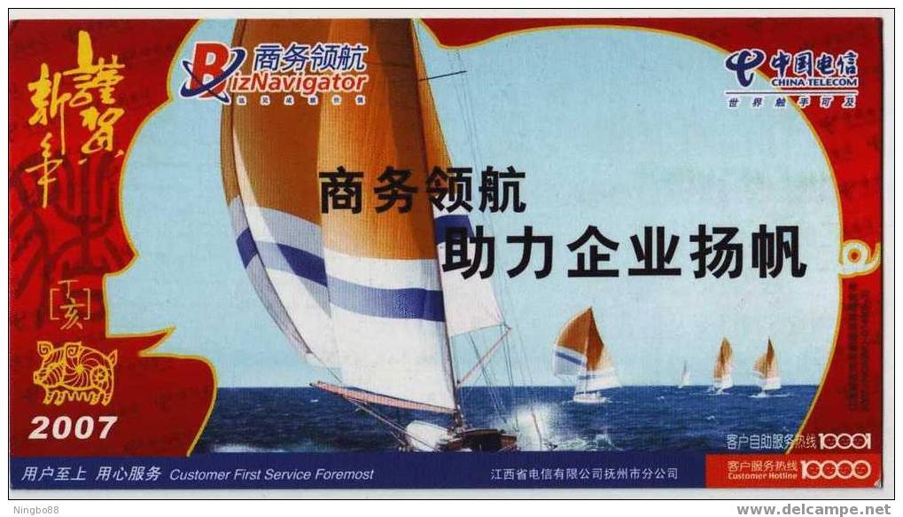 Sailing Ship,China 2007 Telecom Biznavigator Service Advertising Pre-stamped Card - Voile