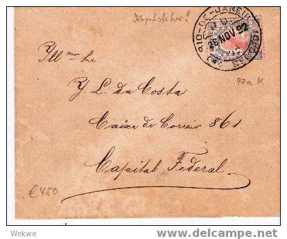 Br040/  BRASILIEN - Inverted Head, 100 R. Local Usage In Rio 1892 (Mi.Nr. 97aK) - Covers & Documents