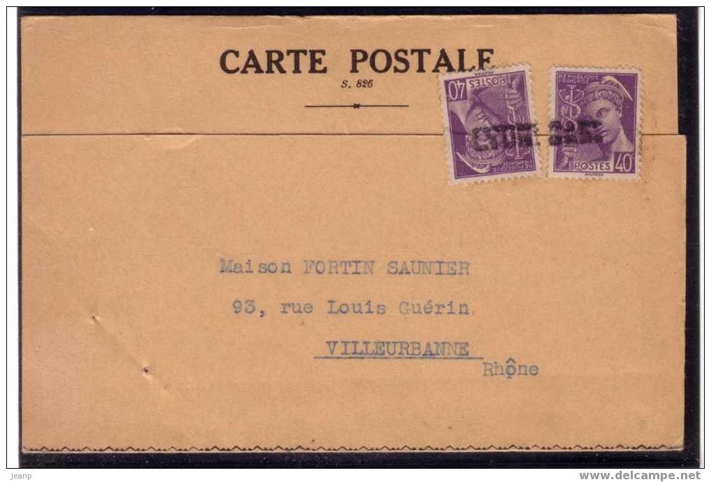 Mercure 40c Yvert 413 En Paire Sur Carte Postale Non Illustrée, 1941 - 1938-42 Mercurius