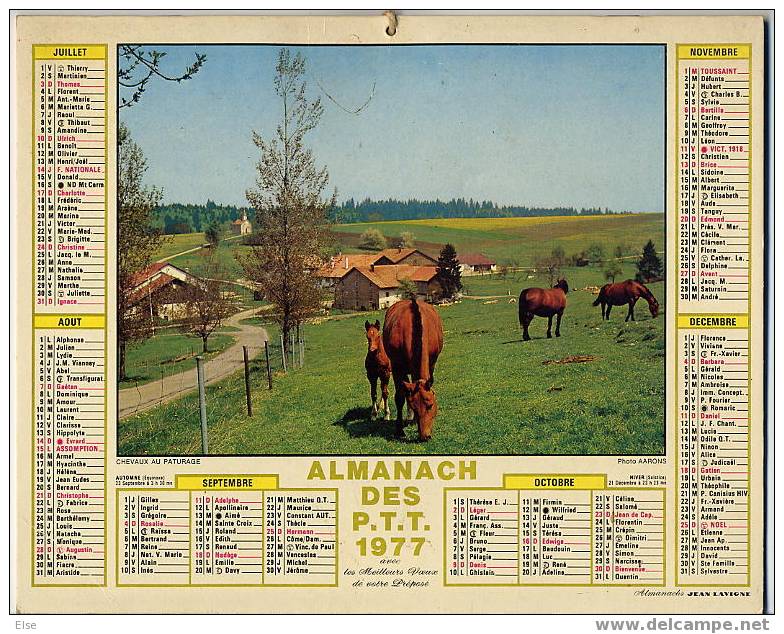 CALENDRIER ORIGINAL  1977  -  CHEVAUX AU PATURAGE &  AIR PUR DES CIMES - Formato Grande : 1971-80