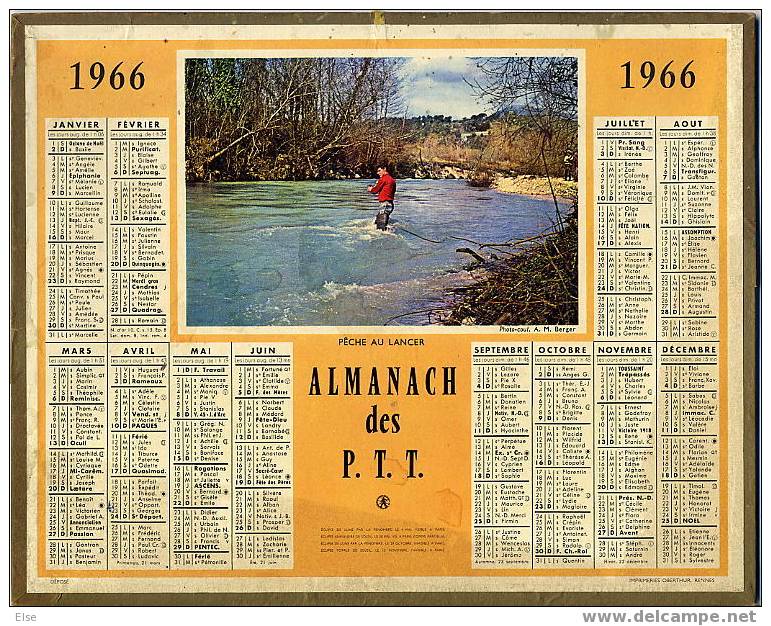 CALENDRIER ORIGINAL  1966  -  PECHE AU LANCER - Tamaño Grande : 1961-70