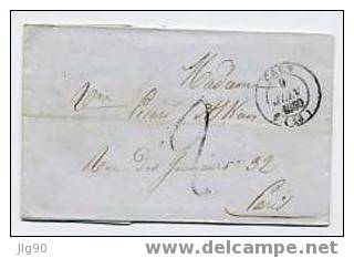 Pli De Caen à Paris Du 9/06/1850, Cachets Type 14 Et 15, Taxe 2 - 1849-1876: Période Classique