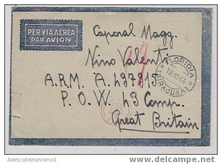 712)lettera A Prigioniero Di Guerra Da Floridia Al P.O.W.43 Comp. Gran Bretagna  Il 18-10-1944 - Poststempel