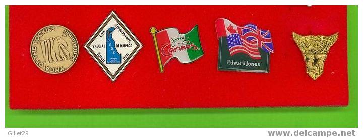 PINS - 5 ASSORTED - SPECIAL OLYMPICS -JOHNNY CARINO'S - EDWARD JONES - - Sets