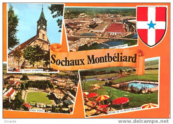 CARTE POSTALE DE SOCHAUX-MONTBELIARD - STADE BONNAL - USINES PEUGEOT - PISCINE DE LA PETITE HOLLANDE - Montbéliard