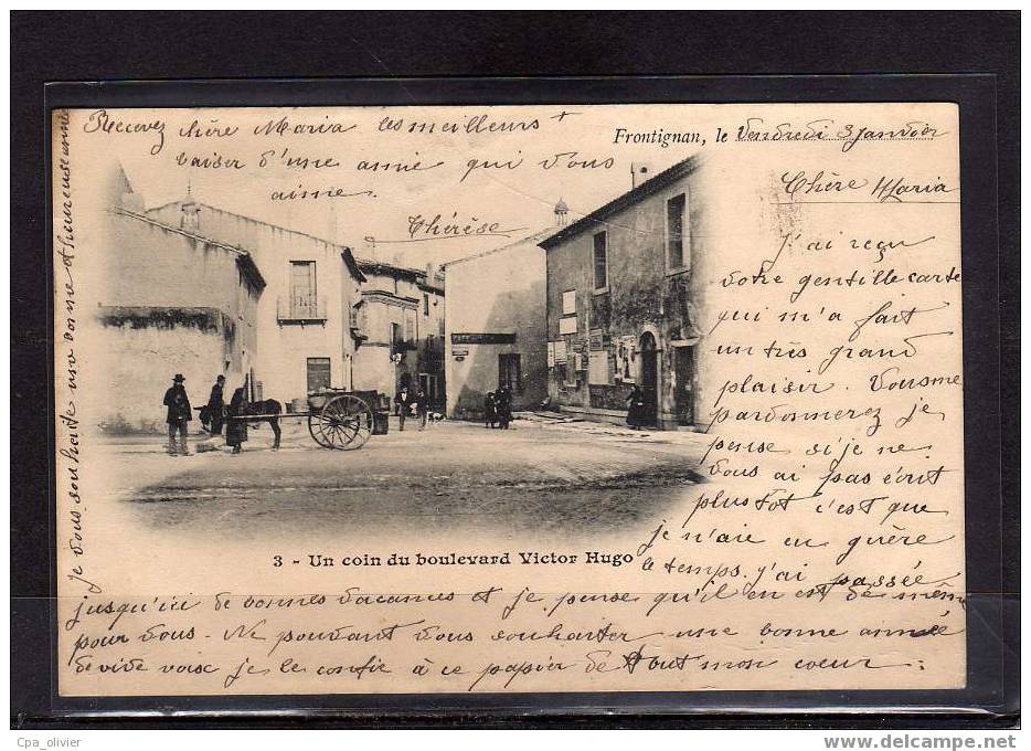 34 FRONTIGNAN Boulevard Victor Hugo, Coin, Animée, Attelage, Ed ? 3, 1902 - Frontignan