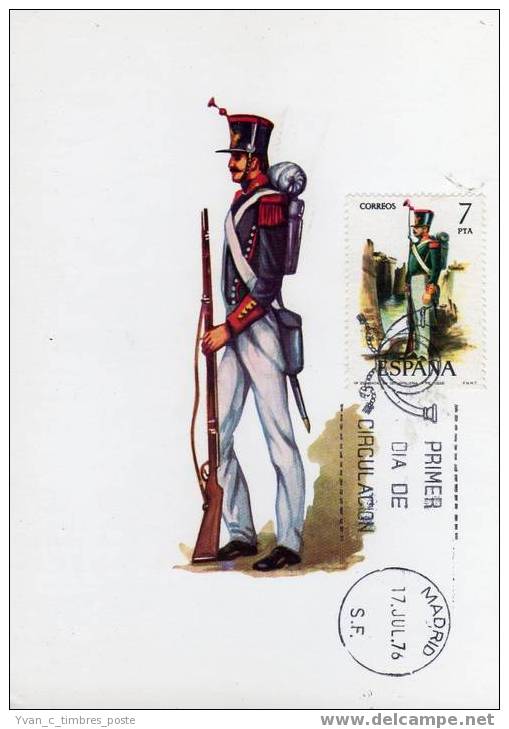 ESPAGNE CARTE MAXIMUM SOLDAT BATAILLON ARTILLERIE A PIED ANNEE 1828 - Cartoline Maximum