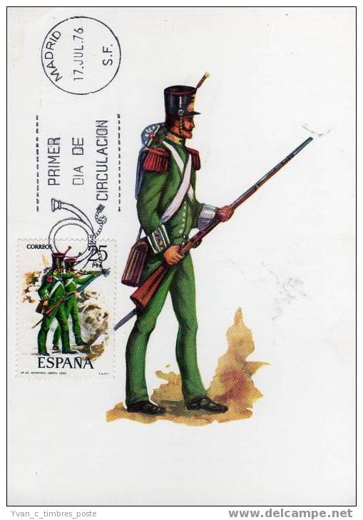 ESPAGNE CARTE MAXIMUM SOLDAT INFANTERIA LIGERA ANNEE 1830 - Maximum Cards
