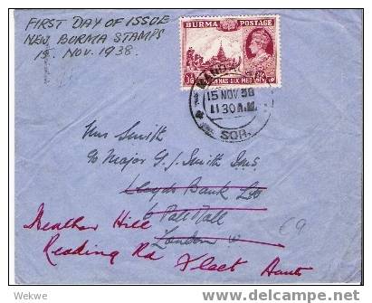 Bur007/   BURMA - Königl. Schiff  2 As. 6Ps, Ersttag 15. Nov. 38 Nach England, Re-routed - Burma (...-1947)