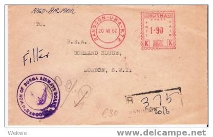 Bur023/ BURMA - Freistempel Burma-Airways, Einschreiben  N,London 1962 (Brief, Cover, Lettre) - Burma (...-1947)