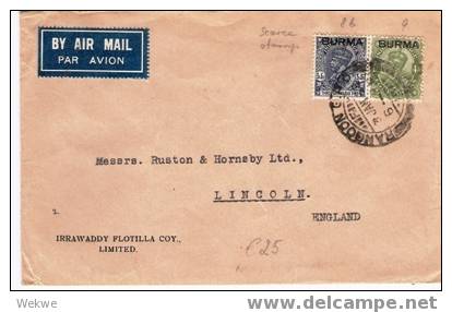 Bur024/  BURMA -  Indian Stamps Overprinted, SG8a Etc. Air Mail To  Lincoln,  UK1938 - Burma (...-1947)