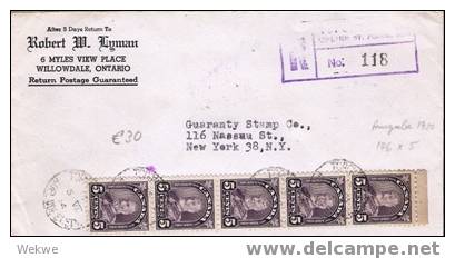 C-051/  KANADA - George Ausgabe 1930, 5-er Streifen Auf Einschreiben, Willowdale Nach N.Y. - Briefe U. Dokumente