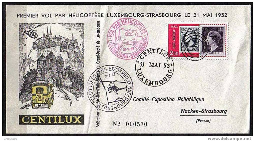 0002 -  Luxembourg .Env. 1er Vol Par Hélicoptère Luxembourg - Strasbourg. Le 31 Mai 1952. - Maschinenstempel (EMA)