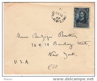 C-St005 /  Cover,  Neufundland,  Prince George 5 Cents 1907, Einzeln Auf Brief N. NY - Covers & Documents