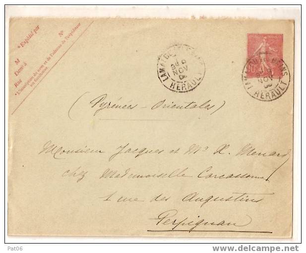 L.S.I.  TARIF à 10c. TYPE SEMEUSE LIGNEE - OBL. LAMALOU LES BAINS - HERAULT - 9.11.1906 - Enveloppes Types Et TSC (avant 1995)