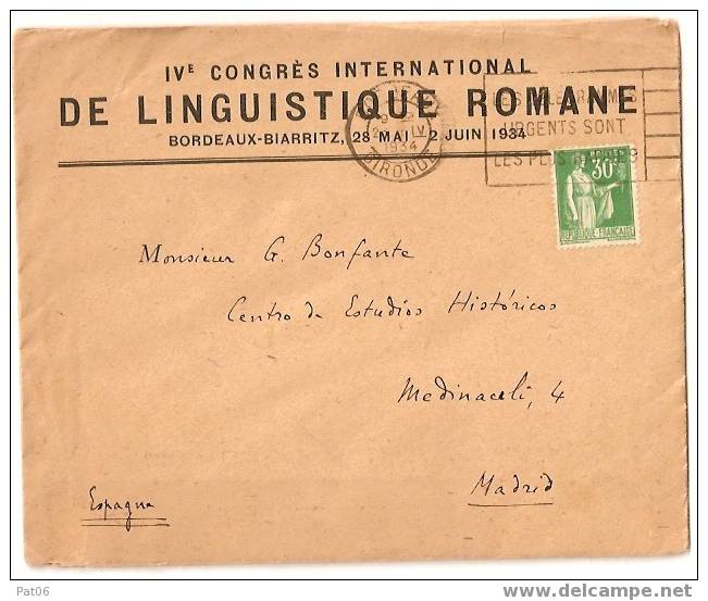 GIRONDE (32) BORDEAUX - IMPRIME ETR. ORDINAIRE 1° ECH. - 50gr..TARIF ESPAGNE à 30c.N°280 - 1932-39 Vrede