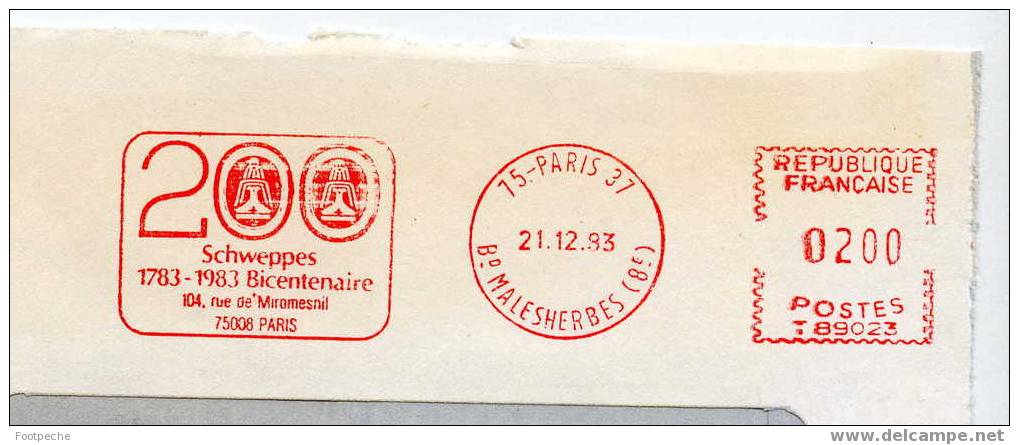 EMA 75 PARIS    BOISSON SCHWEPPES 200 ANS    21  / 12  / 1983    N 614  LETTRE ENTIERE - Freistempel