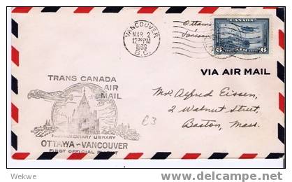 C-FF016/ KANADA -  Trans Canada Air Mail, Ottawa-Vancuver 2.3.39, Siluhette Ottowa, Flugz.,Schiff - Briefe U. Dokumente