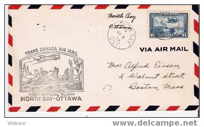 C-FF021/  KANADA - North Bay-Ottawa 1.3.39, Flugzeug ü Floss, Trans Canadian Air Mail Nach Ottawa - Briefe U. Dokumente