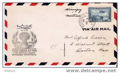 C-FF027/ KANADA - Winnipeg-Montreal 2.3.39, Flugzeug ü.Weizenfeld,Weizen Trans Canada Air Mail - Briefe U. Dokumente