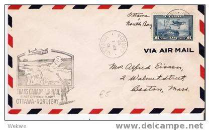 C-FF036/ KANADA - Ottawa-North Bay1.3.39, Flugzeug ü.Wasserfall,Indiander Trans Canada Air Mail - Briefe U. Dokumente