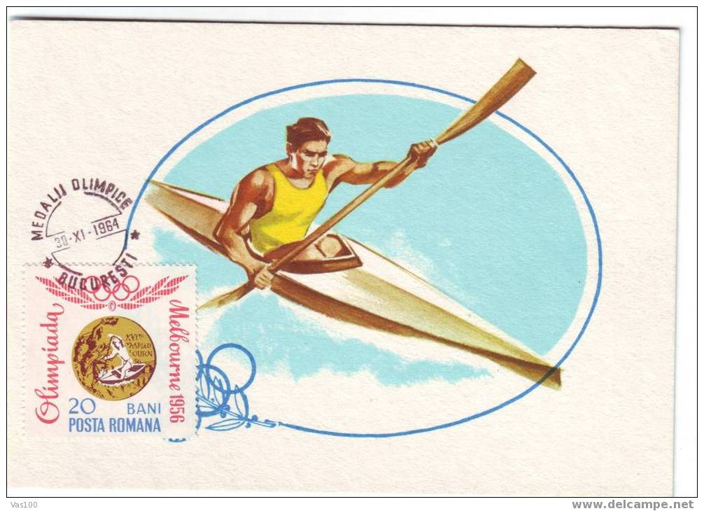 Romania  1964 , Rowing/canoe, RARE MAXI CARD Cancell FDC OLYMPIC GAMES 1964. - Canoa