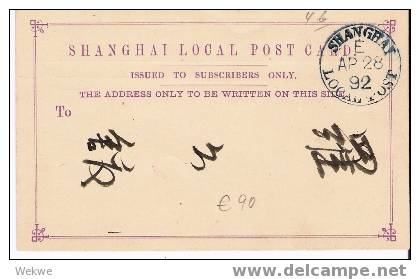 C-LP004/  CHINA - Shanghai Stationery Postcard 4 B, Used 1892 (Local Post) - Covers & Documents