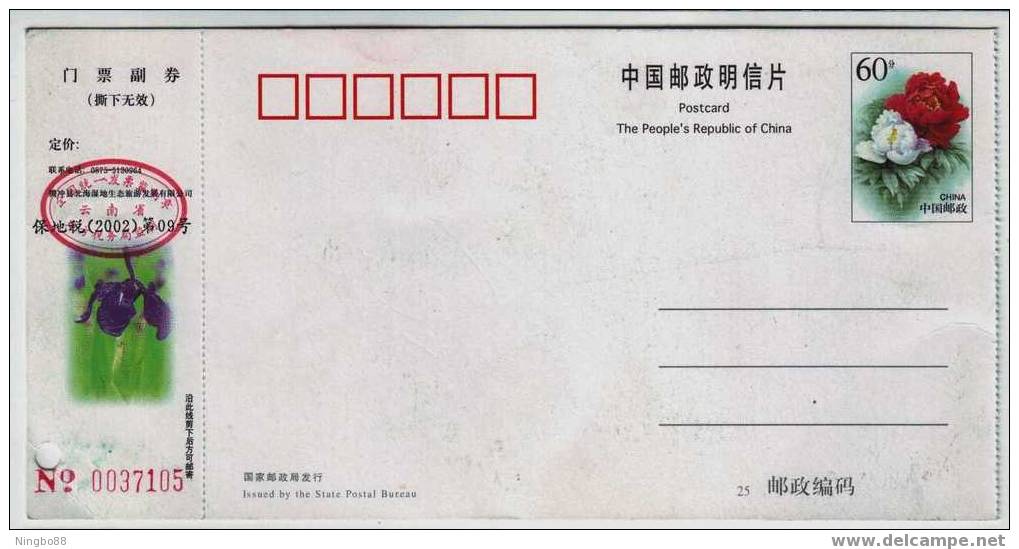 Irises Flower,Volcano Lake,Marshland,China 2001 Tengchong Beihai Wetland Tourism Admission Ticket Pre-stamped Card - Vulkane