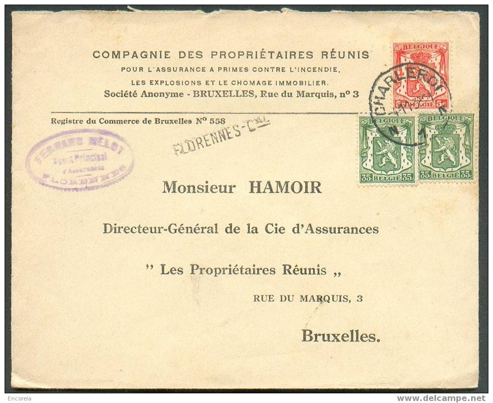 Lion Petit Sceau 5c. Orange + 35c. Vert (x2) Obl. Sc CHARLEROI 1 S/L. Du 4-11-1952 + Griffe FLORENNES-Cal S/L. Vers Brux - Linear Postmarks