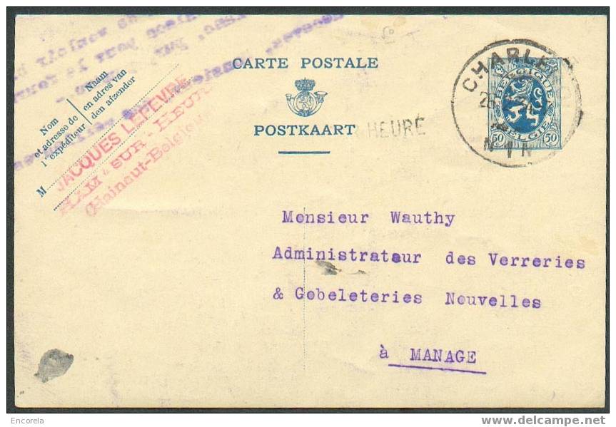 E.P. Sc CHARLEROI 1 Du 26-II-1934 + Griffe HEURE Vers Manage.  - 2661 - Linear Postmarks