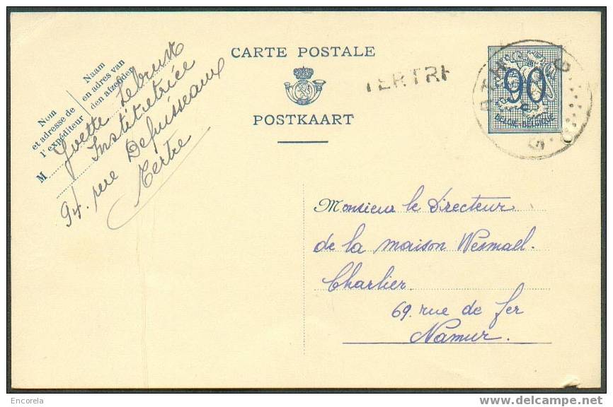 E.P. Carte 90 Cent. Lion, Obl. Sc. ATH 30/10/1952 + Griffe TERTRE Vers Namur - 2682 - Sello Lineal
