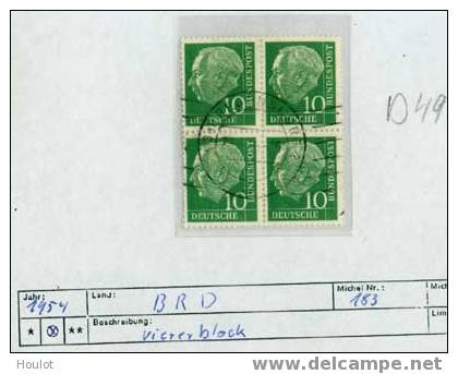 Deutschland Bund Mi. N° 183 Als Viererblock Gestempelt  (13a) Regensburg  Michel  15,00 Euro - Zusammendrucke