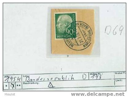Deutschland Bund Mi. N° 193  Einzelwert Auf Kleinem Briefstück  Gestempelt  21.7.56 Neureut über Karlsruhe (Baden)  D 69 - Zusammendrucke