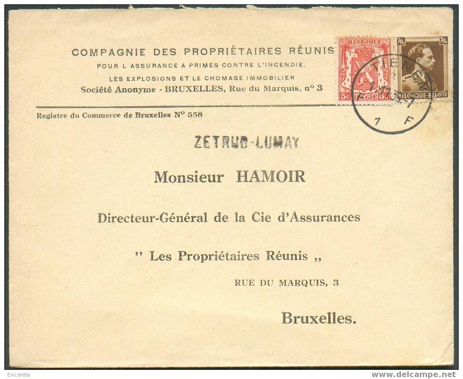 L. 0,70c. Léopold III/5c Lion  Sc. TIENEN 1 Du 1-11-1939 + Griffe ZETRUD-LUMAY Vers Bruxelles.   Superbes Frappes - 2693 - Lineari