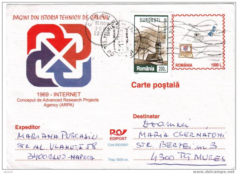 ROMANIA 2001 STATIONERY POST CARD With Computers ,MAILED. - Computers