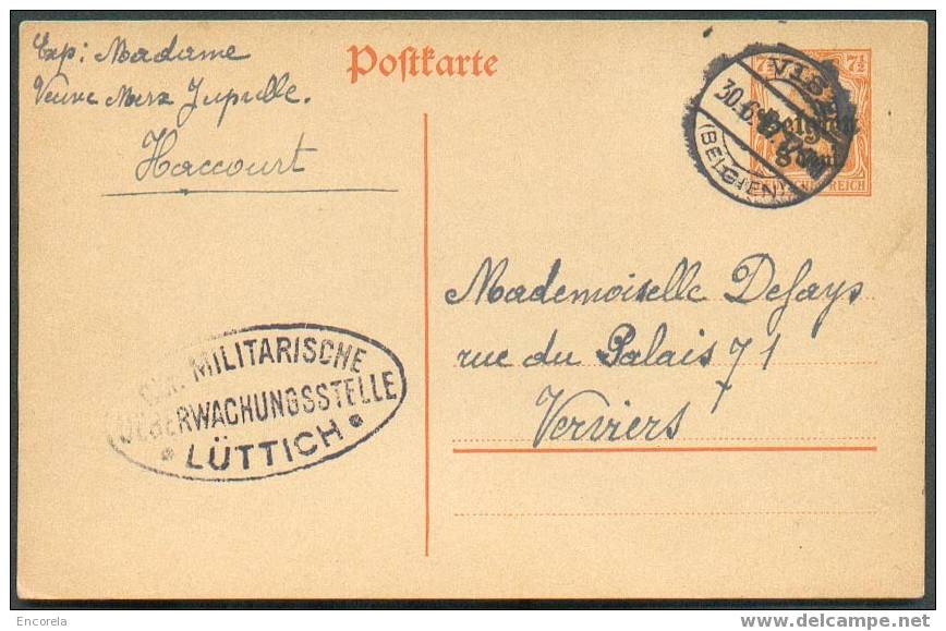 E.P. Carte 8c. 7,5pfg, écrité D'HACCOURT + Obl. Càd VISE + Censure De LIEGE Vers Verviers. - 2720 - Other & Unclassified