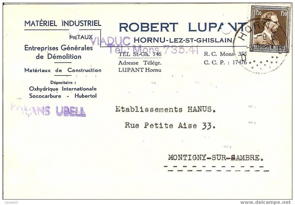 HORNU - LEZ - GHISLAIN : MATERIEL INDUSTRIEL - ROBERT  LUPANT - CARTE PUBLICITAIRE - Saint-Ghislain