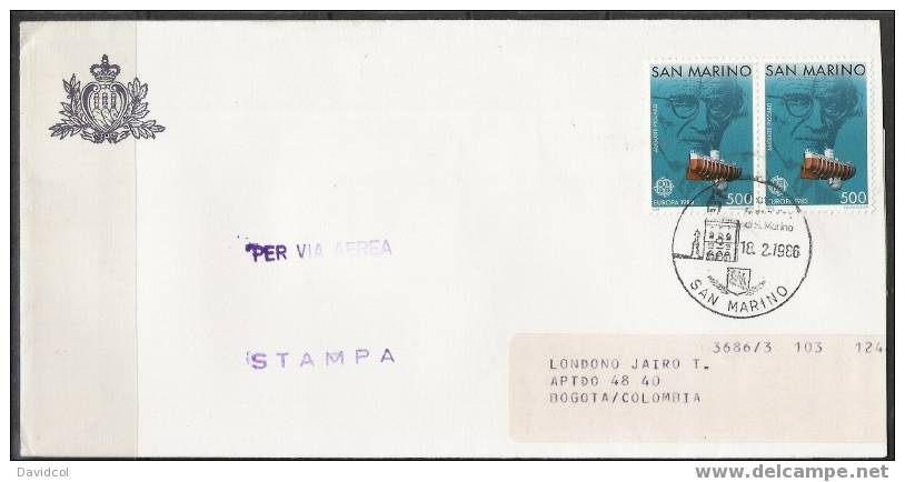 SA123-SAN MARINO  / SAN MARINO - 1983 , EUROPA CEPT, CIRCULATED COVER TO COLOMBIA - 1983