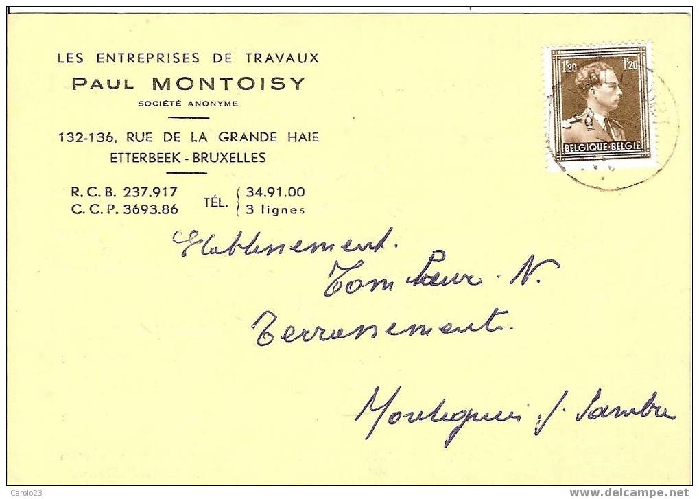 ETTERBEEK  :  LES ENTREPRISES DE TRAVAUX  PAUL MONTOISY    - CARTE PUBLICITAIRE - Etterbeek