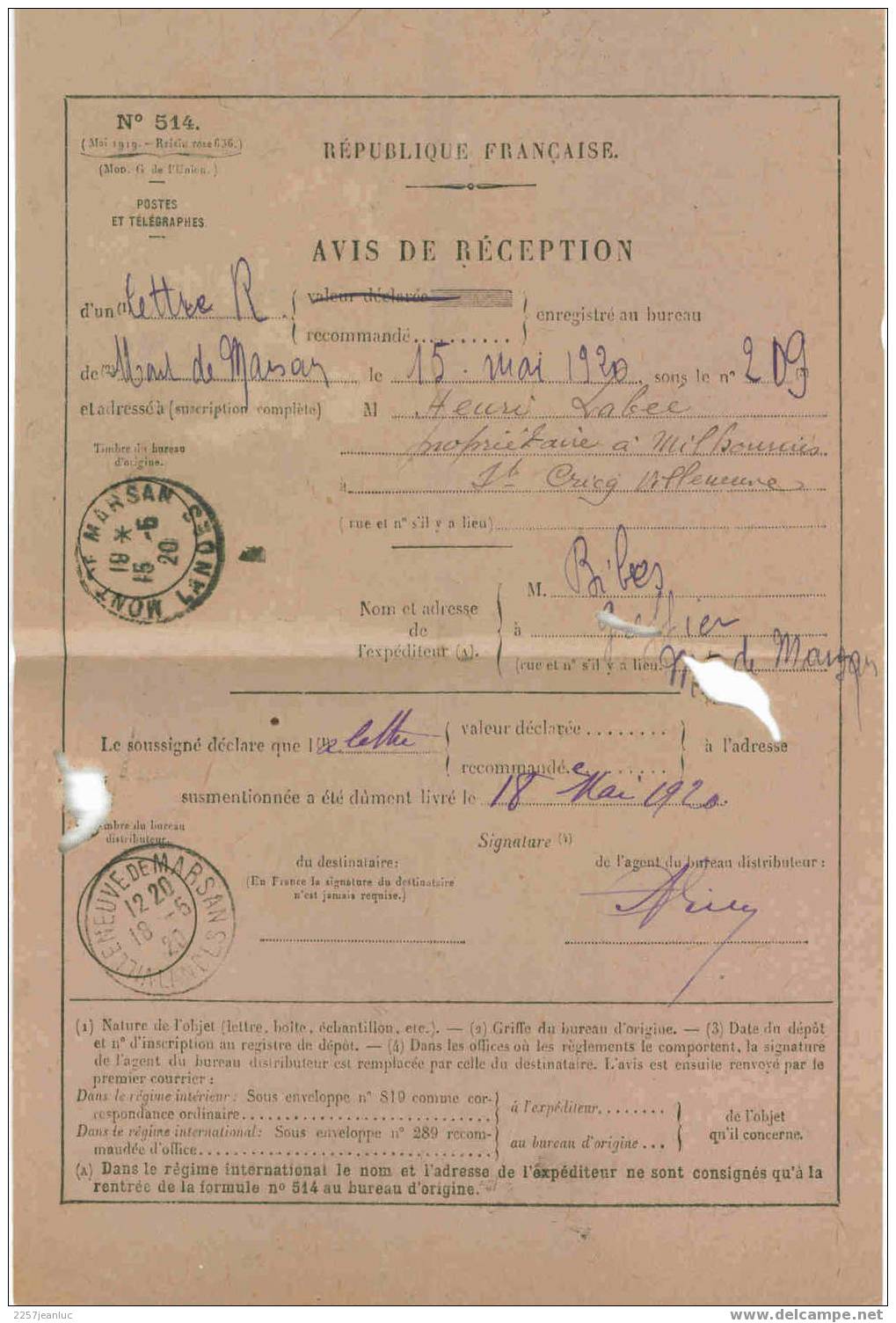 Avis De Reception N: 514 Sur Timbre Semeuse N: 140 Ia Du 15 Mai 1920 Pour St Cliq Villeneuve - Lettres & Documents