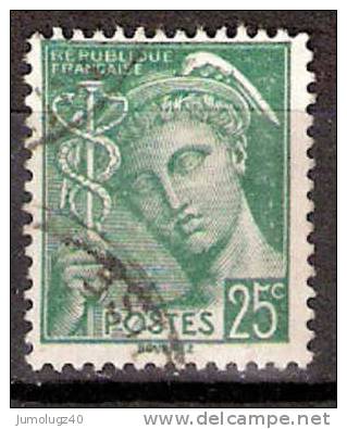 Timbre France Y&T N° 411 (1) Obl.  Type Mercure.  25 C. Vert. Cote 0,15 € - 1938-42 Mercurio