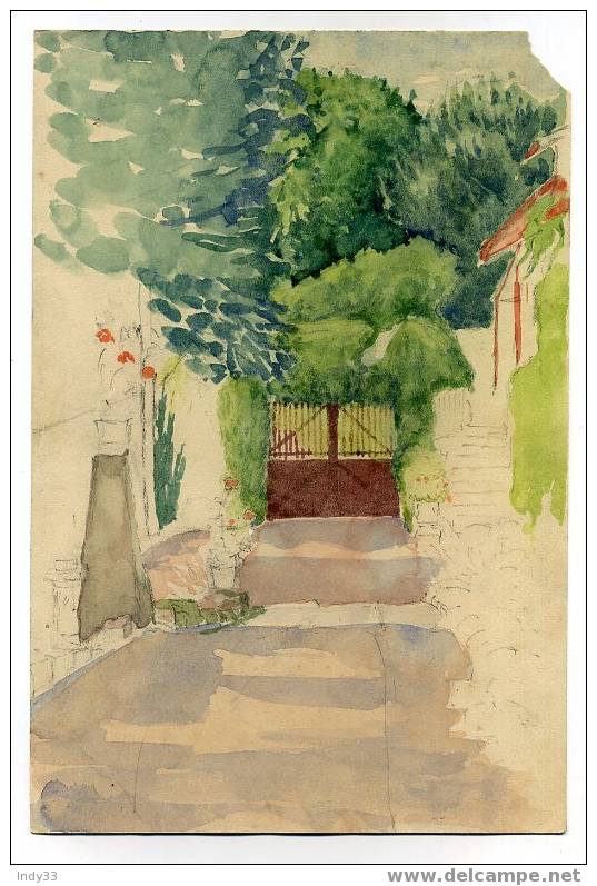 - PORTAIL DE JARDIN AVEC ESCALIER . AQUARELLE NON SIGNEE - Watercolours