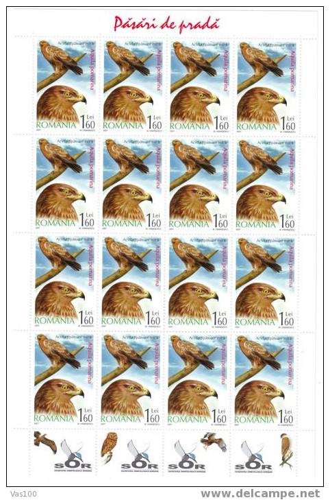 ROMANIA  2007 ,OISEAUX DE PROIE / OWLS,RARE IN MINISHEET 16X TABS,MNH,val 1,6 Lei - Hojas Completas