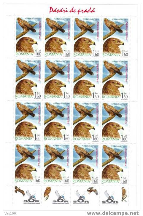 ROMANIA  2007 ,OISEAUX DE PROIE / OWLS,RARE IN MINISHEET 16X TABS,MNH,val 1,6 Lei - Ganze Bögen