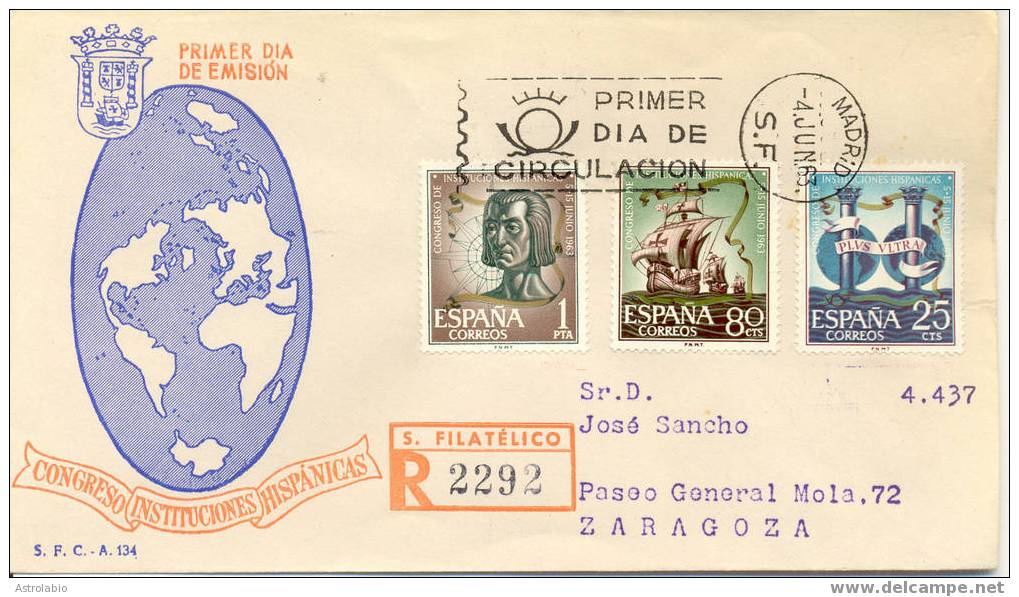 Espagne FDC 1963 " Congrés Des Institutions Hispaniques " Colomb. Recommande. Yvert 1176/8 - Cristóbal Colón